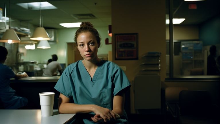 Pflegekraft im Nachtdienst in grünen Kasack sitzt nachdenklich in einer Kantine des Krankenhauses mit einem Becher vor sich auf dem Tisch