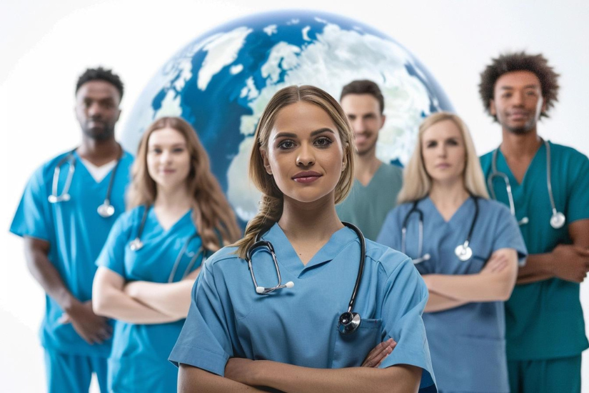 Gruppe von Pflegekräften in blauen Kasacks steht selbstbewusst vor einem Globus und repräsentiert die globale Pflegegemeinschaft