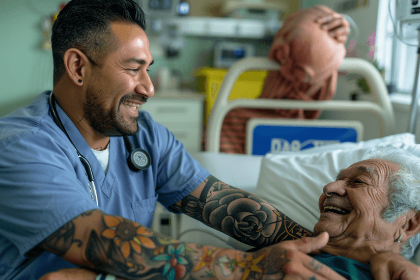 Männliche Pflegekraft mit Armtattoos lächelt und interagiert mit einem älteren Patienten im Krankenhausbett