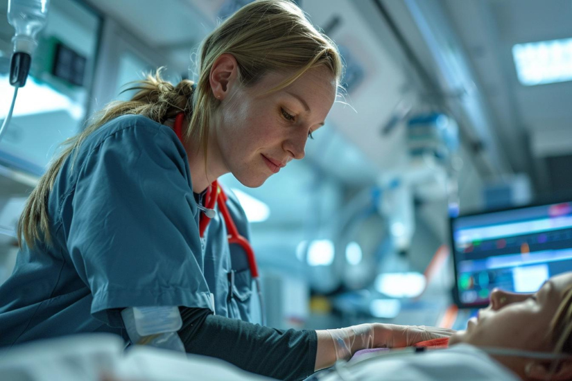 Pflegekraft in blauen Kasacks kümmert sich um einen Patienten in einem modernen Krankenhaus, umgeben von medizinischen Geräten