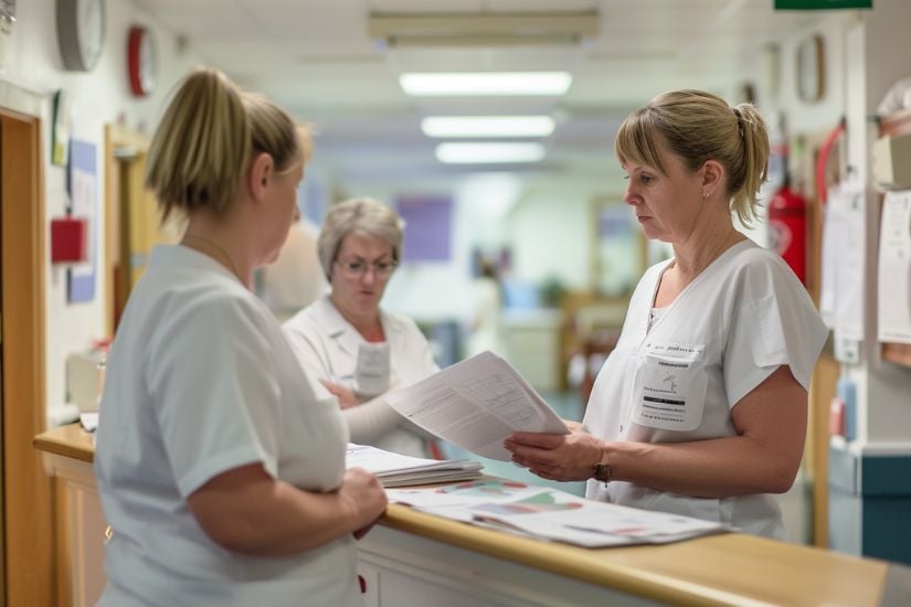 Drei Pflegekräfte in weißen Kasacks, die in einem Krankenhausflur Dokumente besprechen