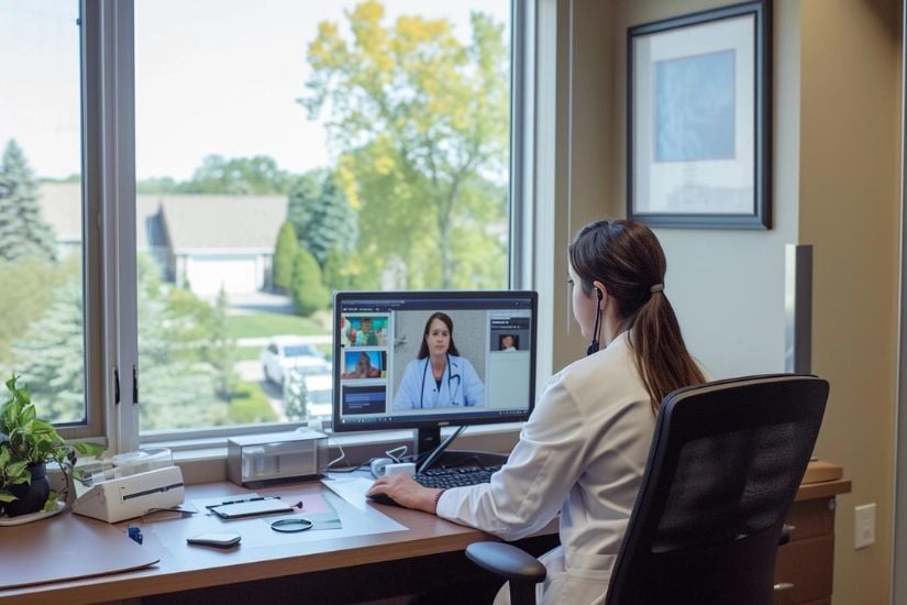 Pflegekraft sitzt am Schreibtisch und hält über den PC eine Videokonferenz mit einer Ärztin