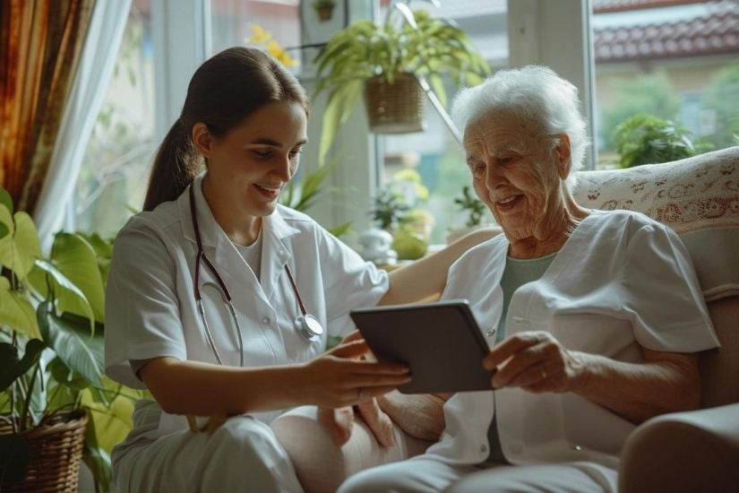 Pflegekraft zeigt einer älteren Person etwas auf einem Tablet
