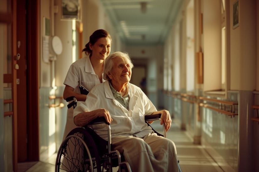 Pflegekraft schiebt Bewohnerin im Rollstuhl über den Flur