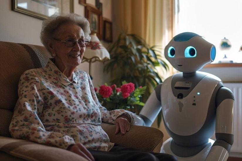 Alte Frau sitzt auf dem Sofa, neben ihr ein Roboter